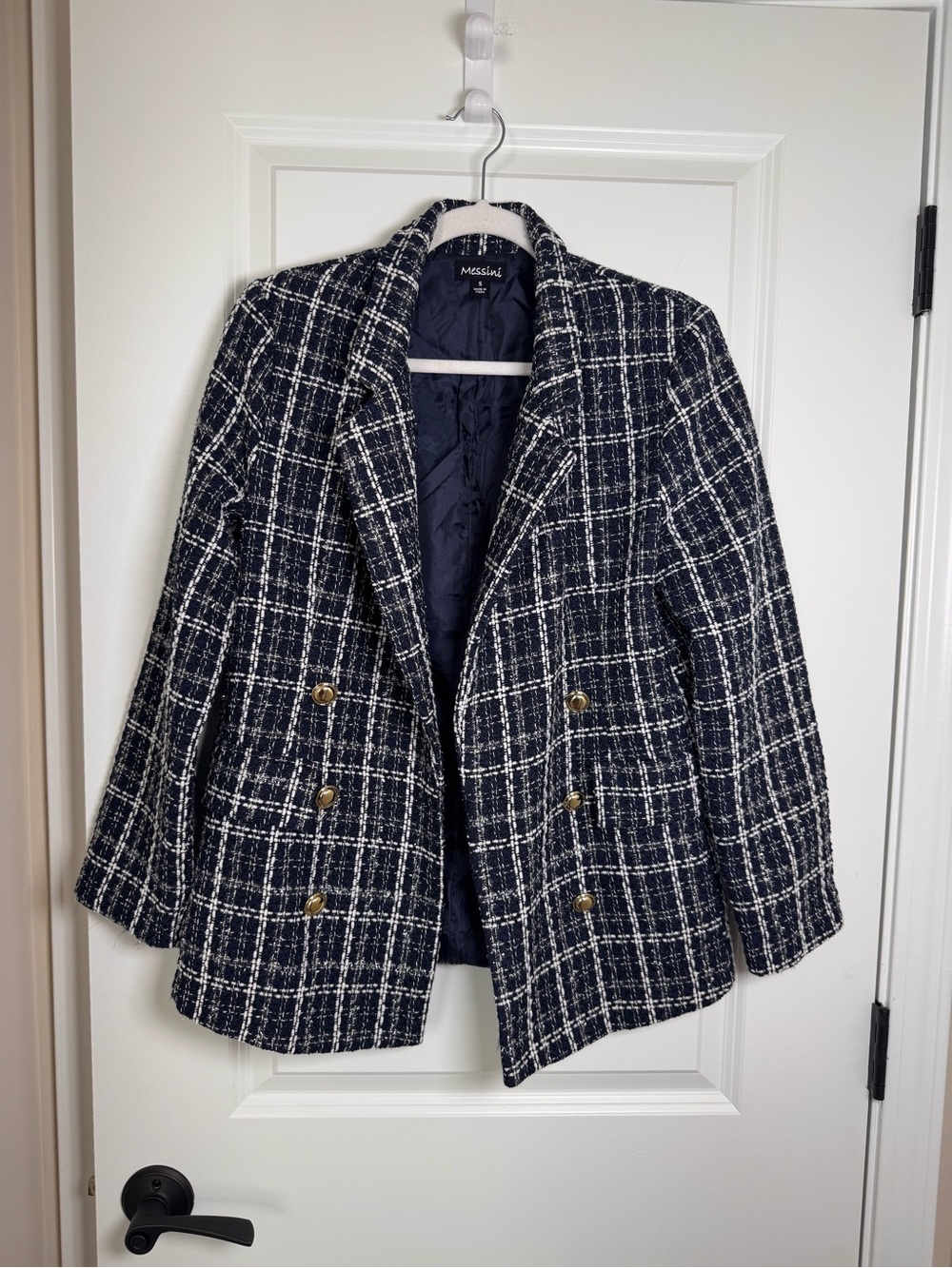 Messini Navy, Sparkle and White Plaid Tweed Double-Breasted Open Blazer